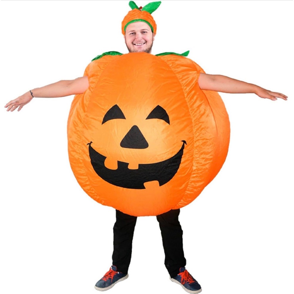 Inflatable Pumpkin Costume Adult Jack-O-Lantern Halloween Blow Up Suit with Hat
